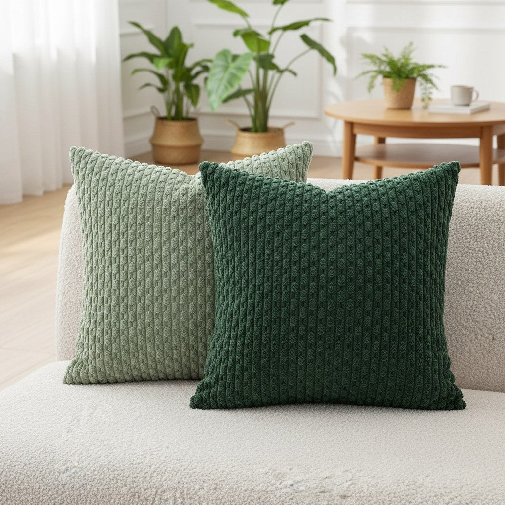 Coussins vert sauge et vert bouteille sur un canapé en bouclette crème