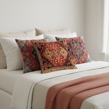 Coussins vintage motifs kilim et tapis persan sur un lit