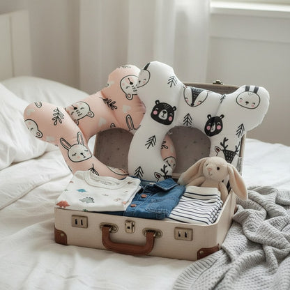 Coussins de voyage enfant motifs lapin rose et oursons dans une petite valise