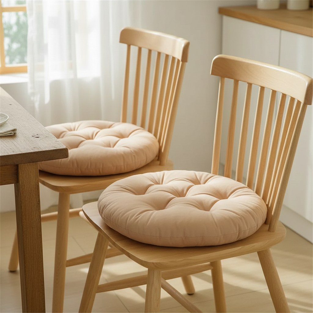 Galettes de chaise rondes capitonnées couleur sable sur des chaises en bois clair