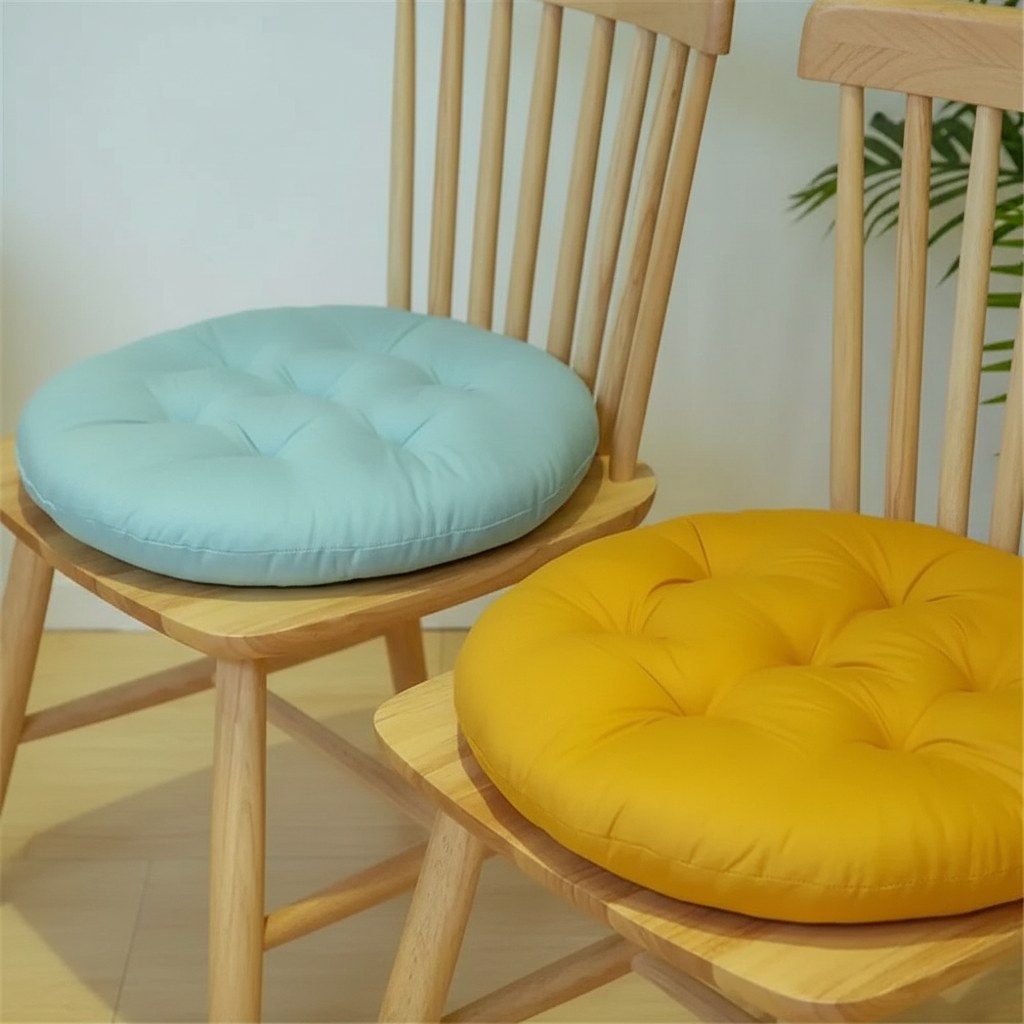 Galettes de chaise rondes bleu lagon et jaune moutarde sur deux chaises en bois