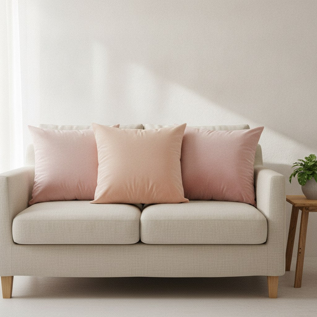 Trois grands coussins en velours rose poudré, rose pêche et vieux rose sur un canapé clair