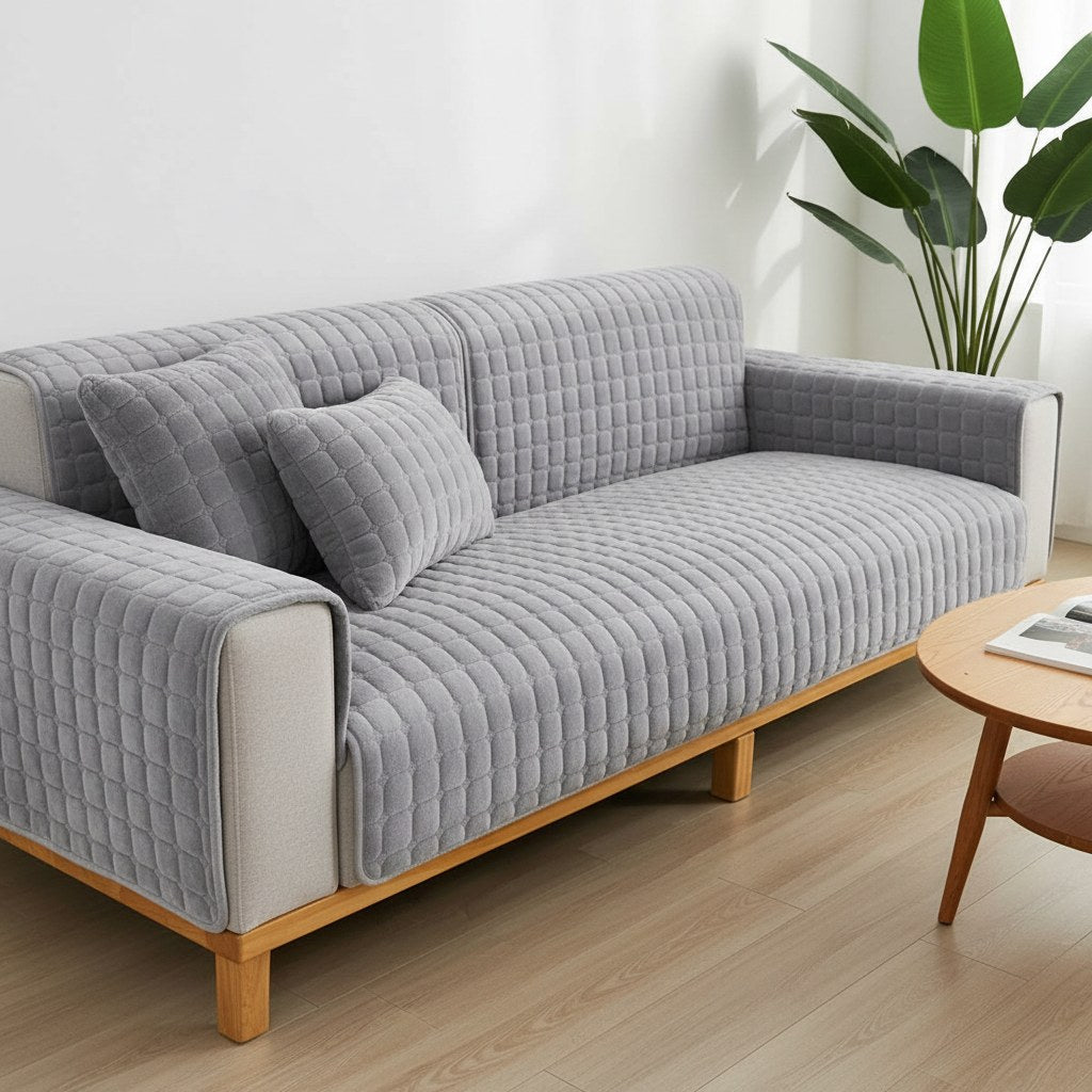 Canapé habillé de housses en velours matelassé gris clair dans un salon lumineux