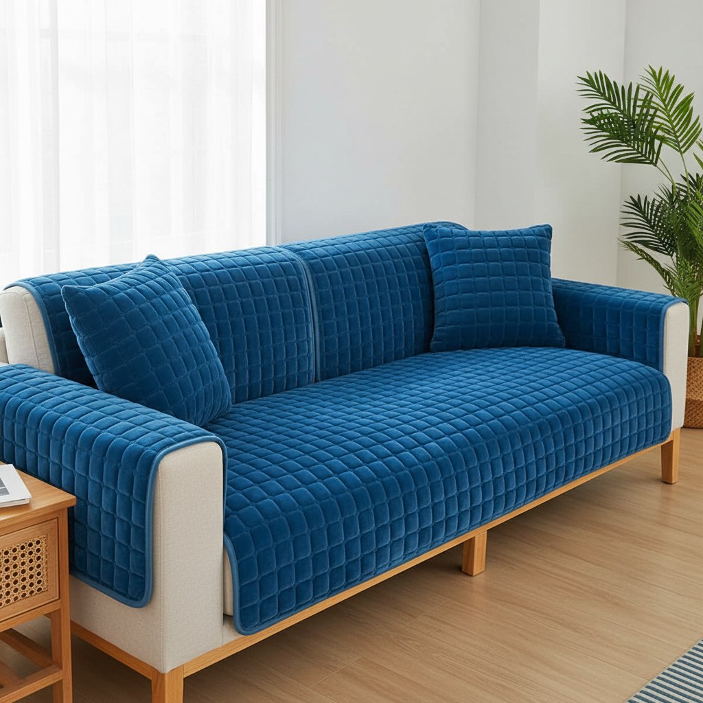 Canapé trois places habillé de housses en velours épais matelassé bleu marine : assise, dossier et accoudoirs