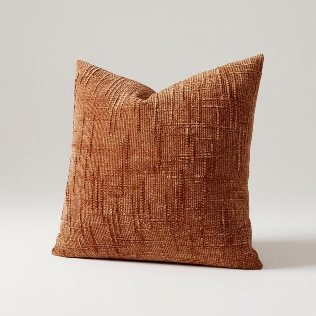 Housse de coussin 50 x 50 cm en chenille texturée rouille, vue de face