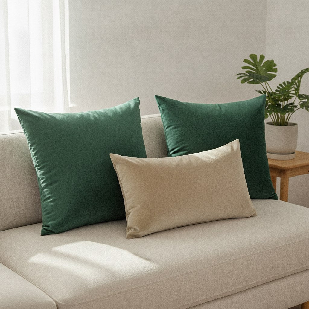 Deux grands coussins 60 x 60 cm en velours vert émeraude sur un canapé beige, avec un coussin rectangulaire beige