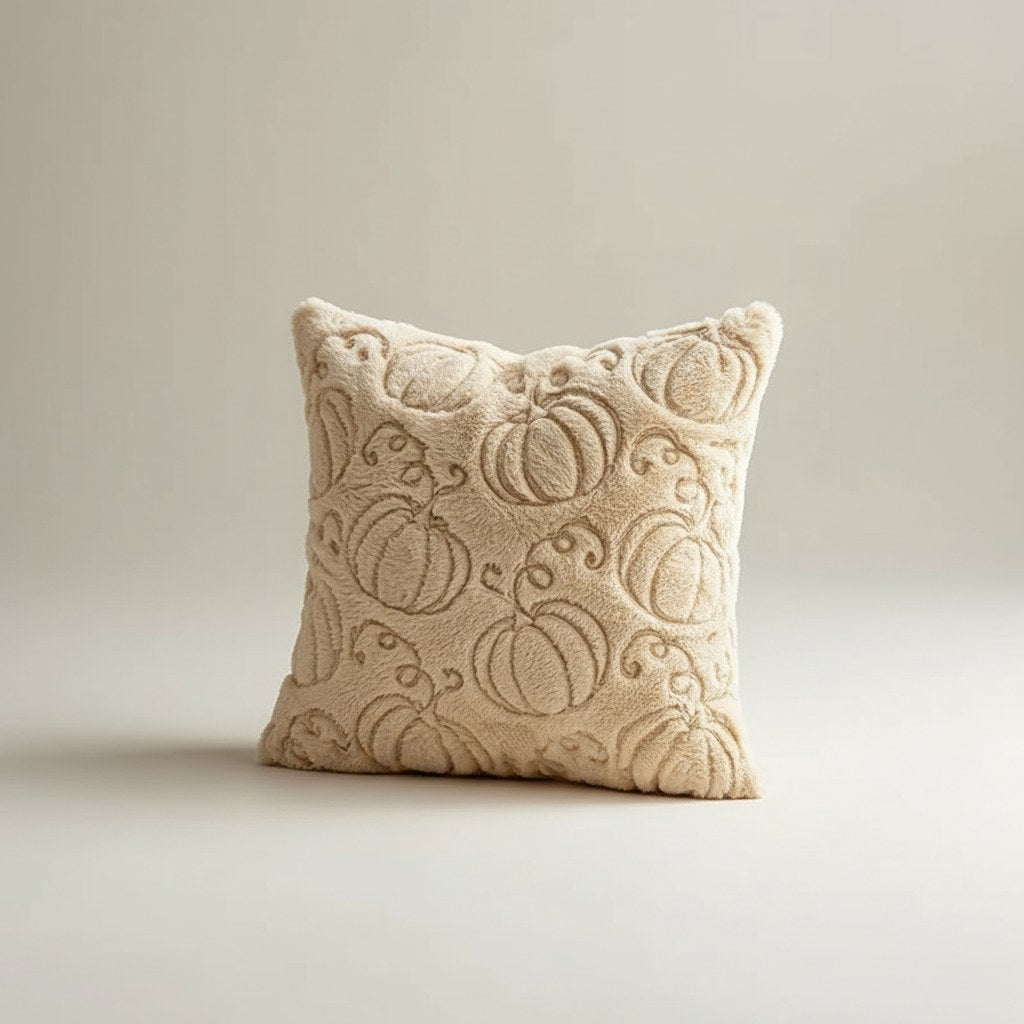 Housse de coussin d'automne en peluche crème à citrouilles en relief