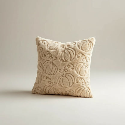 Housse de coussin d'automne en peluche crème à citrouilles en relief