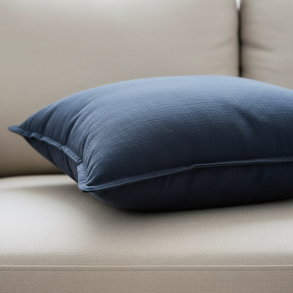 Détail du bord plat et du tissage aspect toile d'une housse de coussin bleu marine