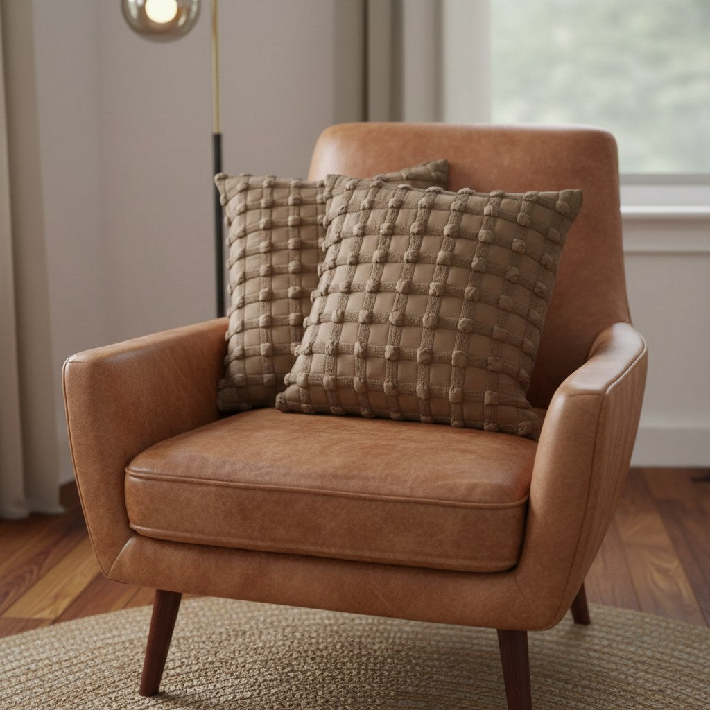Coussins camel au tressage à nœuds sur un fauteuil en cuir cognac