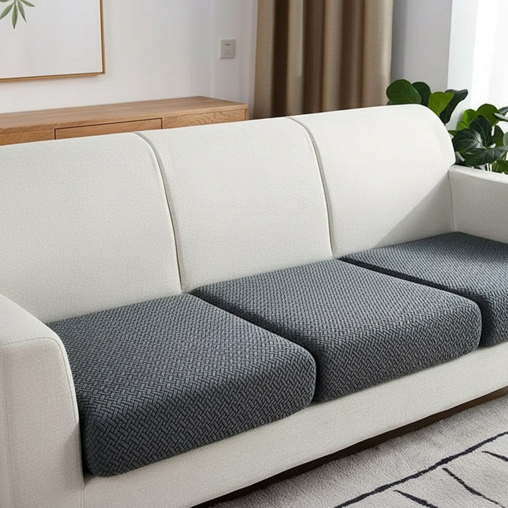Housses gris foncé sur les coussins d'assise d'un canapé gris clair