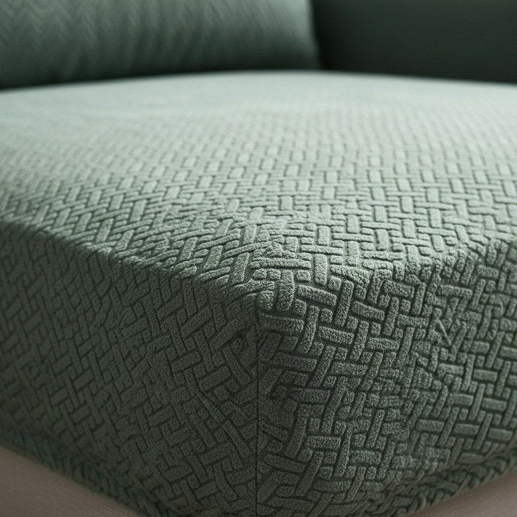 Détail du tissu jacquard épais d'une housse de coussin de canapé