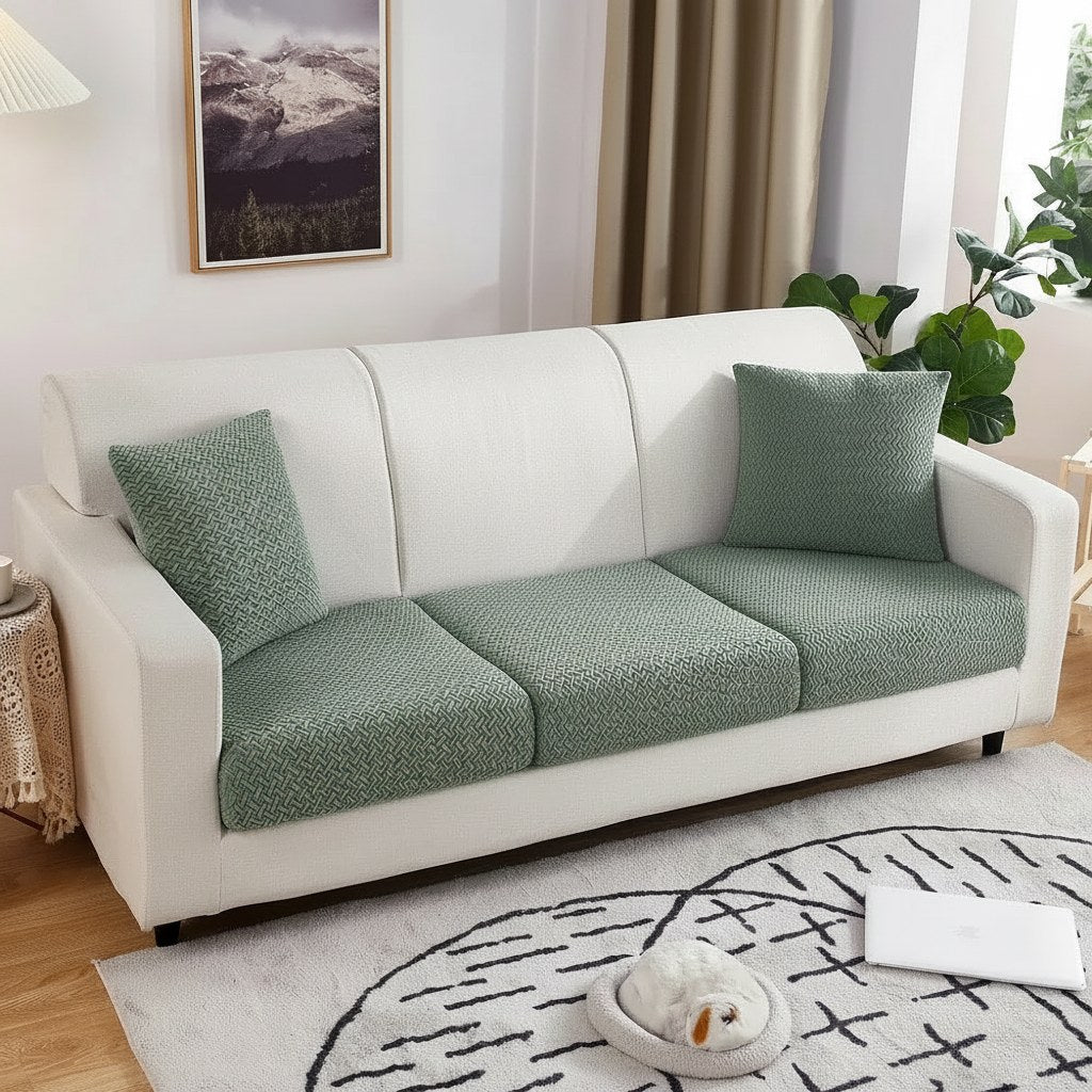 Housses vert sauge ajustées sur les coussins d'assise d'un canapé crème