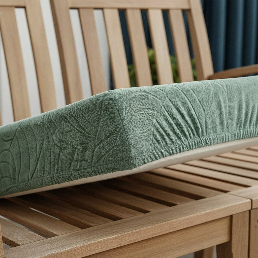 Bord élastique d'une housse extensible vert sauge resserré sous un coussin de salon de jardin