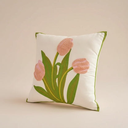 Housse de coussin fleurie brodée de tulipes roses, 45 x 45 cm