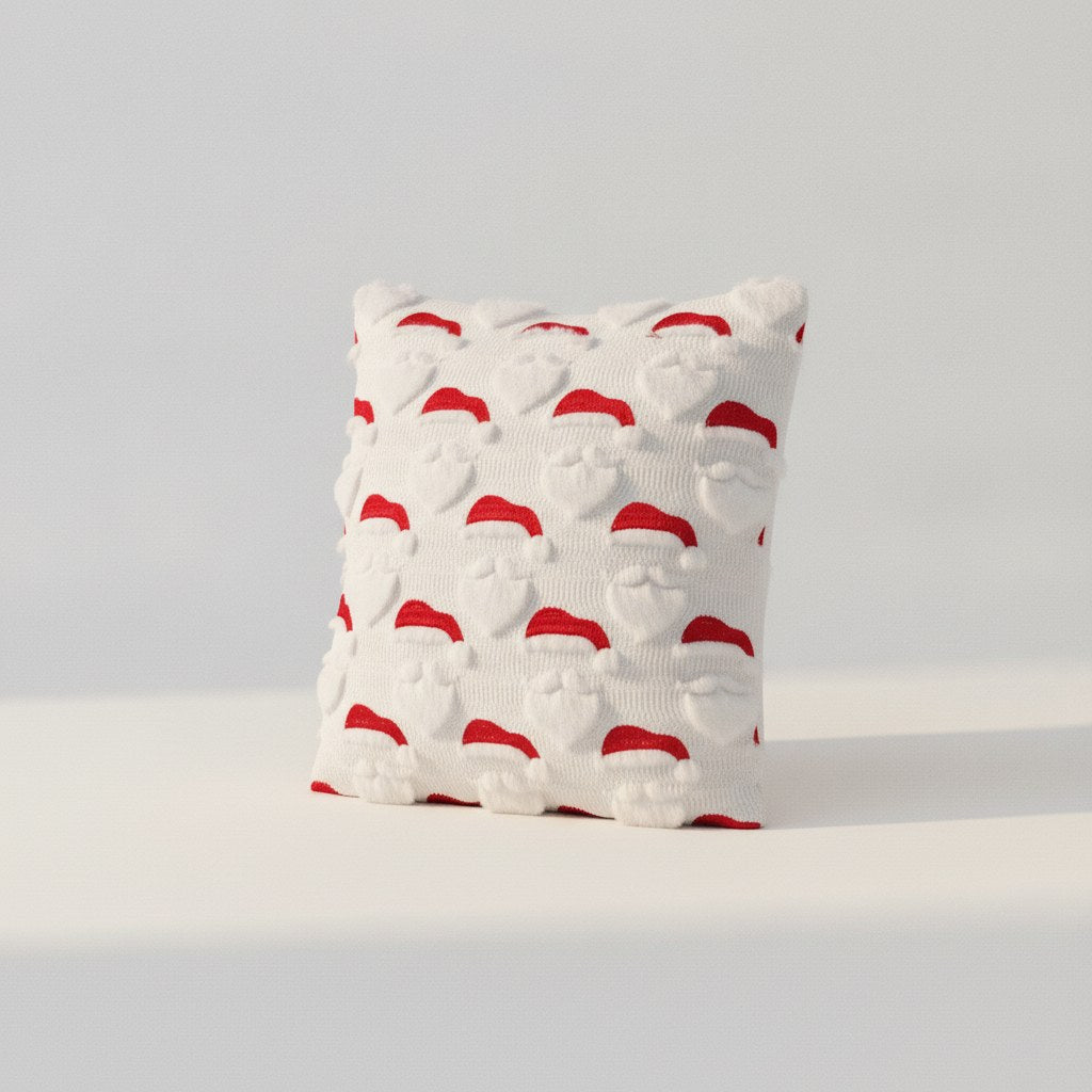 Housse de coussin de Noël 45 x 45 cm blanche à motif Père Noël en relief