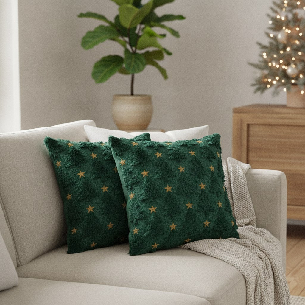 Deux coussins de Noël verts à sapins en relief et étoiles dorées sur un canapé, sapin décoré en arrière-plan