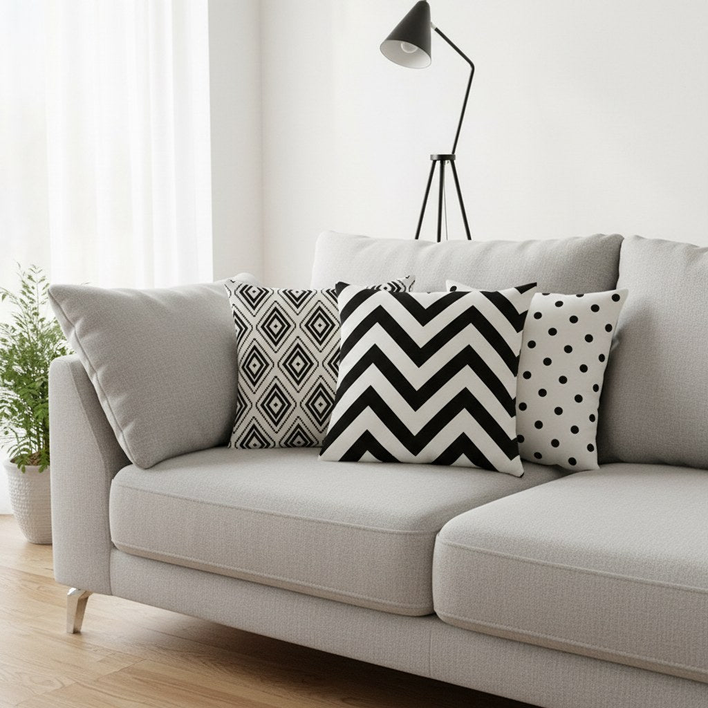 Housses de coussin noir et blanc à chevrons, losanges et pois sur un canapé gris clair