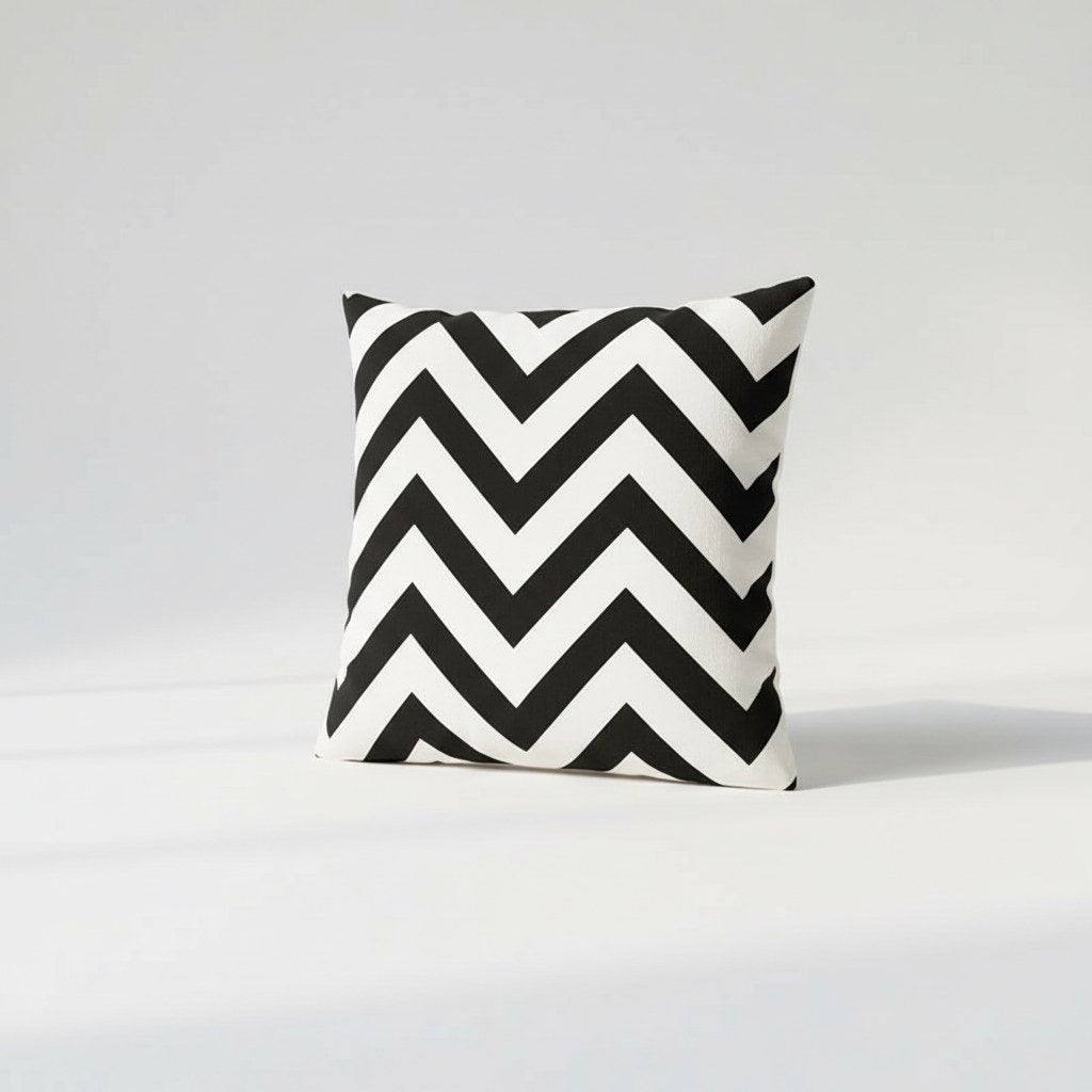 Housse de coussin noir et blanc 45 x 45 cm à chevrons, vue de trois quarts