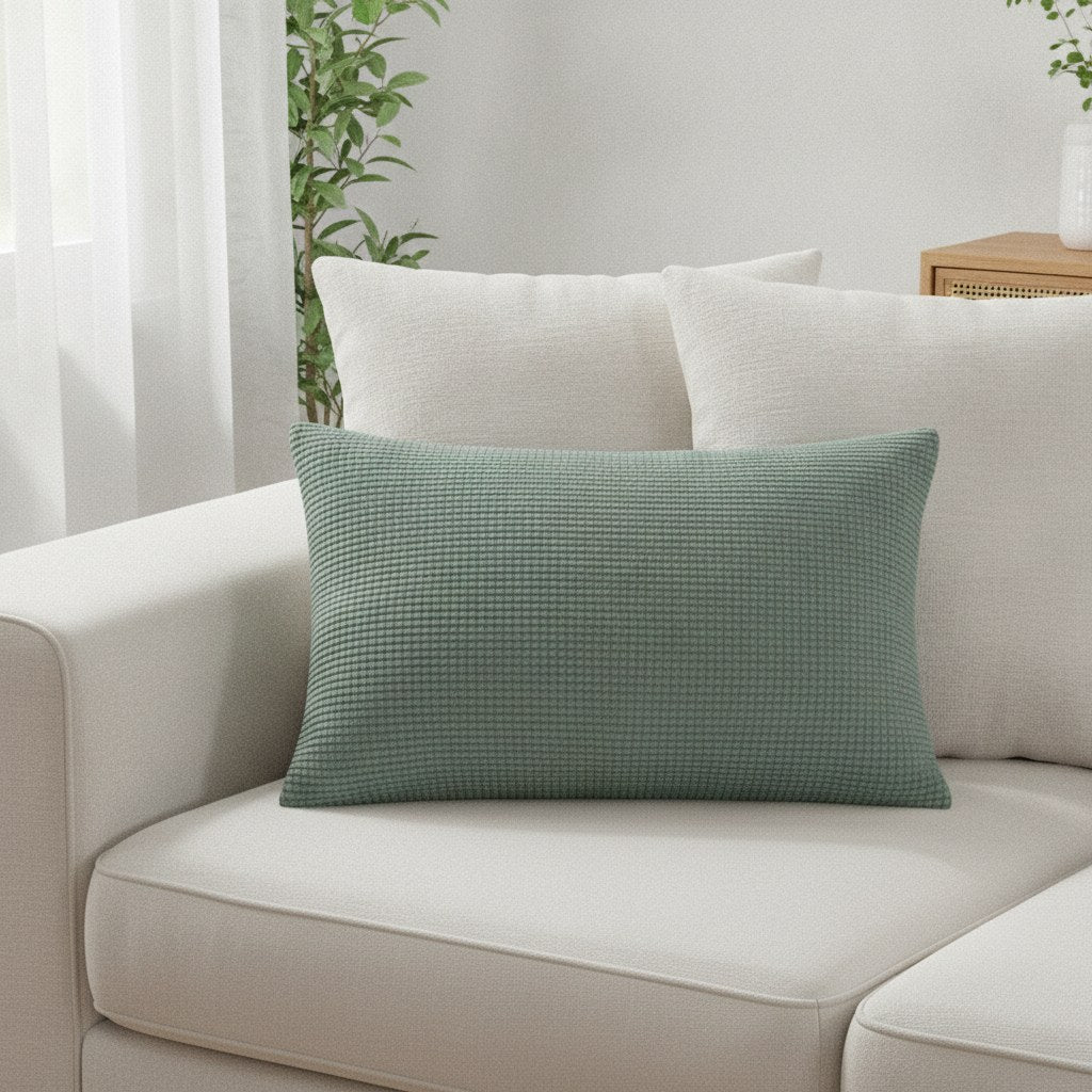 Coussin rectangulaire 30 x 50 cm vert sauge en maille texturée devant deux coussins carrés sur un canapé blanc
