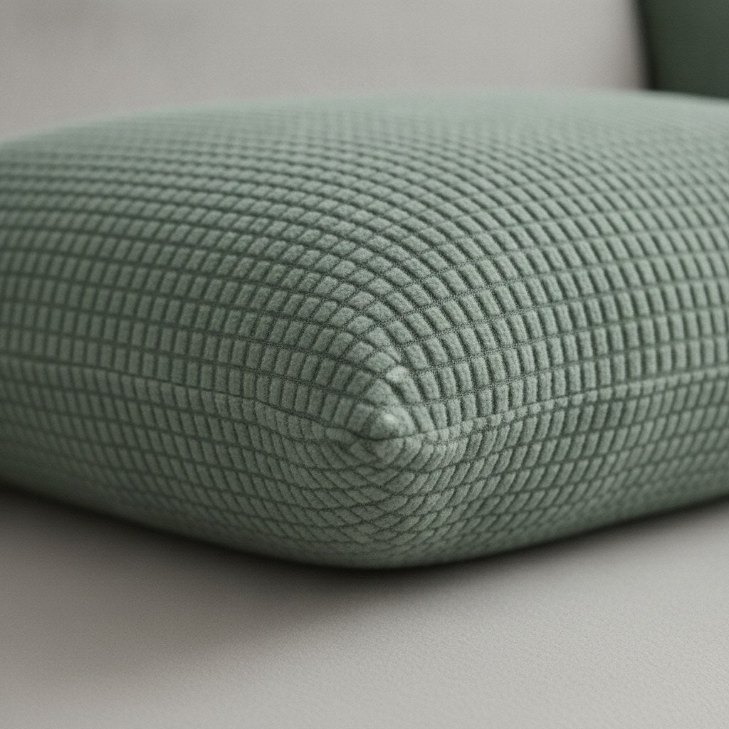Détail de la maille à petits carreaux en relief d'une housse de coussin rectangulaire vert sauge