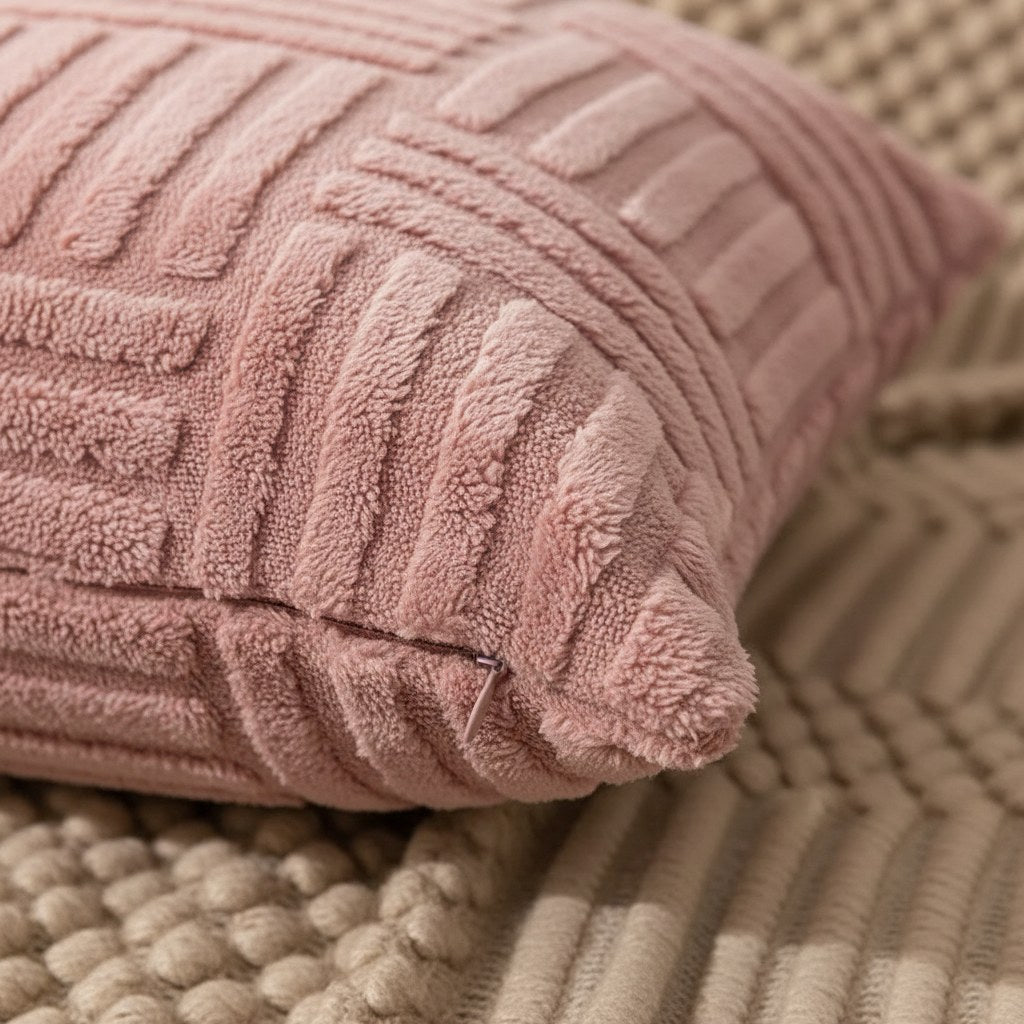 Détail du relief tressé et de la fermeture éclair d'une housse de coussin rose poudré