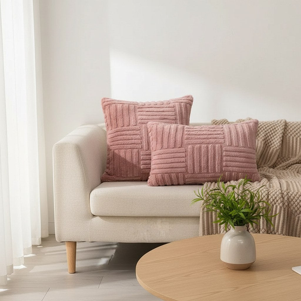Coussins rose poudré en peluche tressée, carré et rectangulaire, sur un canapé beige