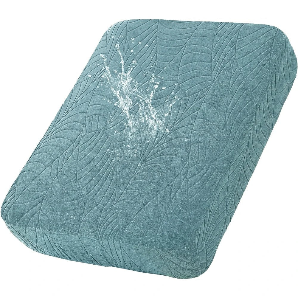 Housse extensible pour coussin de salon de jardin bleu paon, jacquard à motif de feuilles