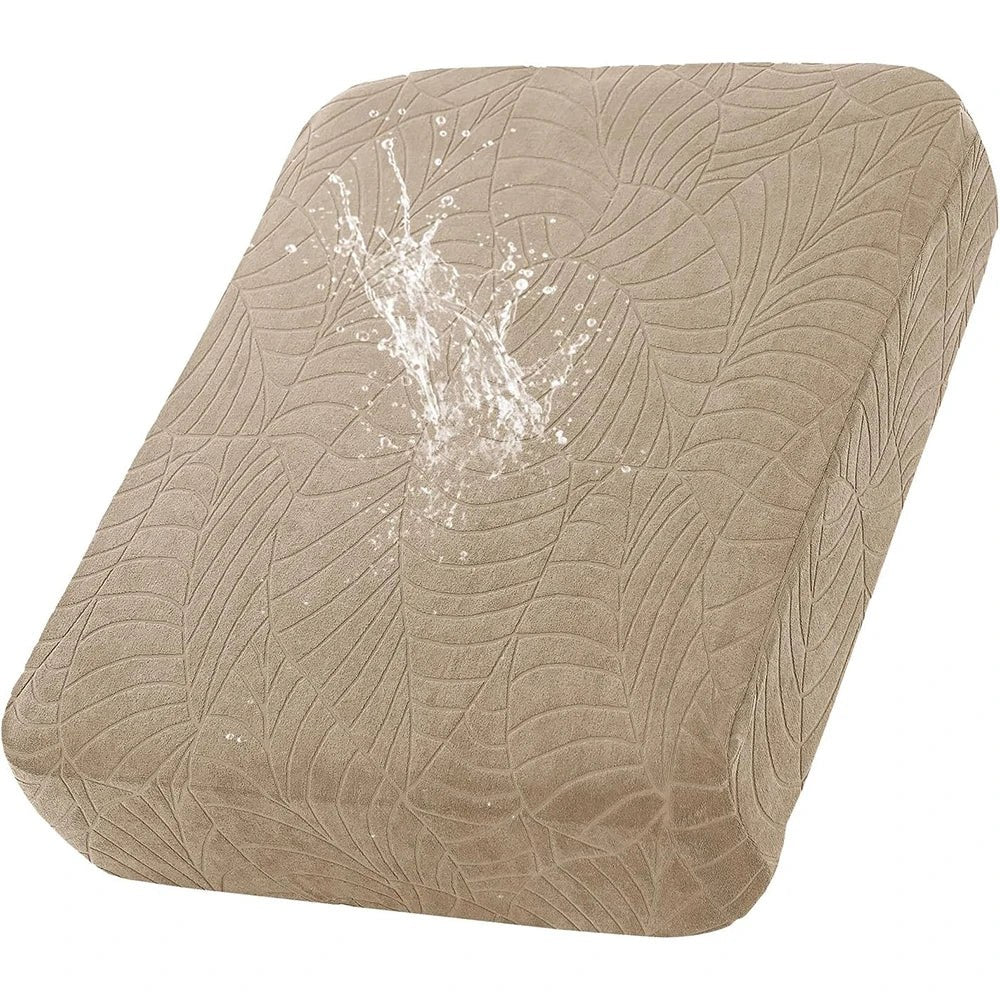 Housse extensible pour coussin de salon de jardin sable, jacquard à motif de feuilles