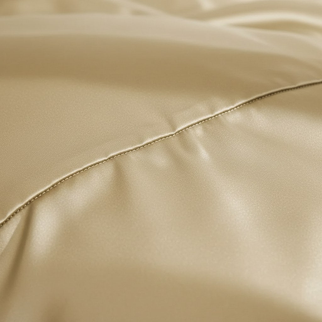 Reflets lumineux du satin d'une housse de coussin champagne