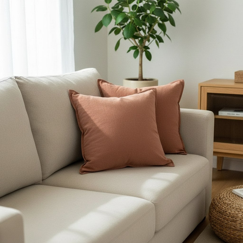 Coussins terracotta à bord plat, aspect toile lavée, sur un canapé blanc avec un pouf en rotin