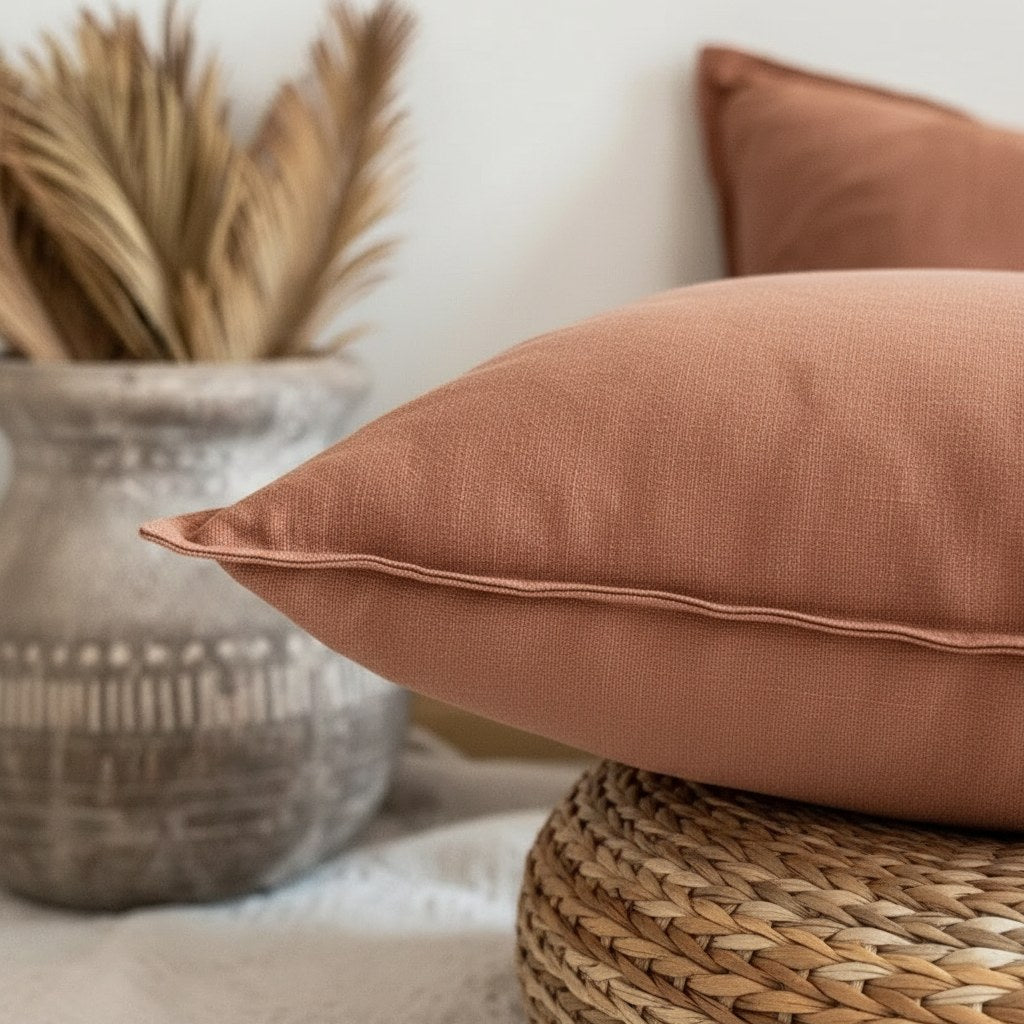 Détail du bord plat d'une housse de coussin terracotta posée sur un pouf en rotin