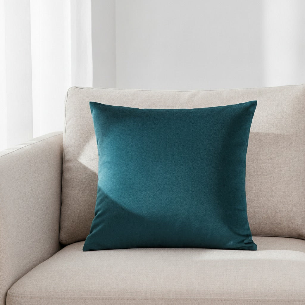 Housse de coussin en velours bleu canard 45x45 cm posée sur un canapé en lin beige