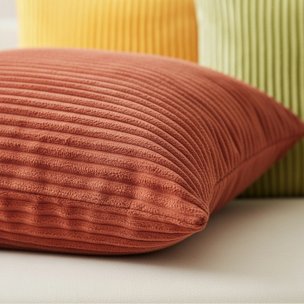 Détail des côtes du velours d'une housse de coussin terracotta