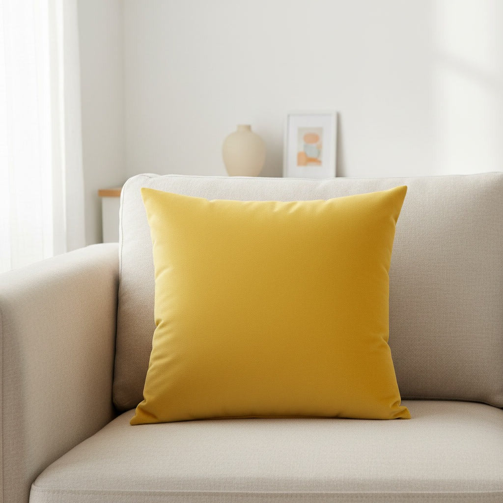 Housse de coussin en velours jaune poussin 45x45 cm posée sur un canapé en lin beige