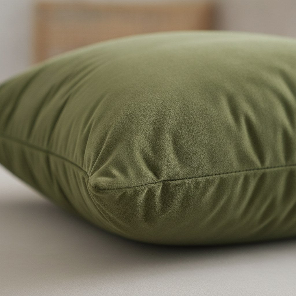 Détail du velours doux et de la couture d'une housse de coussin kaki