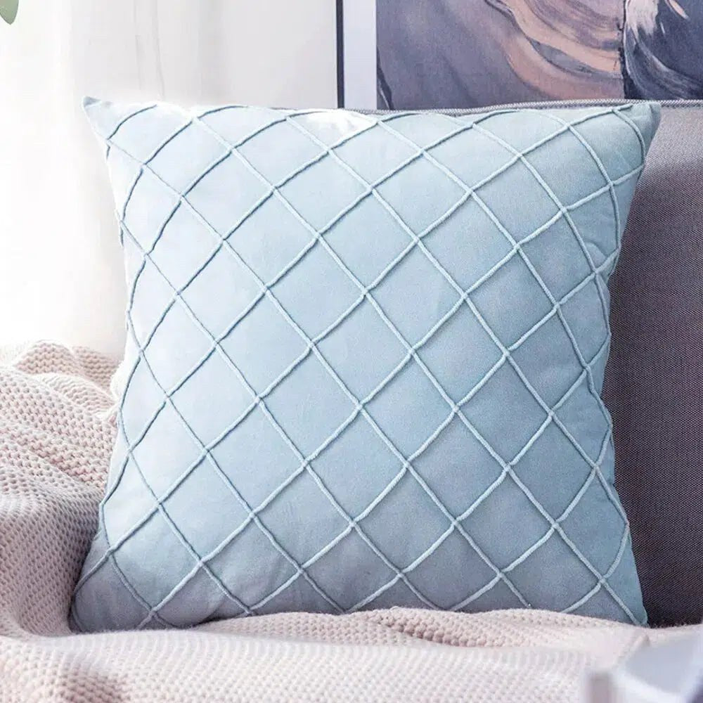 Housse de coussin en velours à losanges plissés bleu ciel