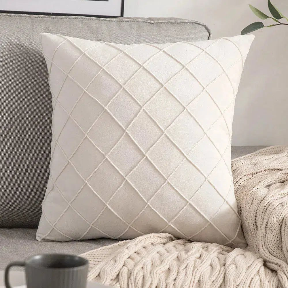 Housse de coussin en velours à losanges plissés crème