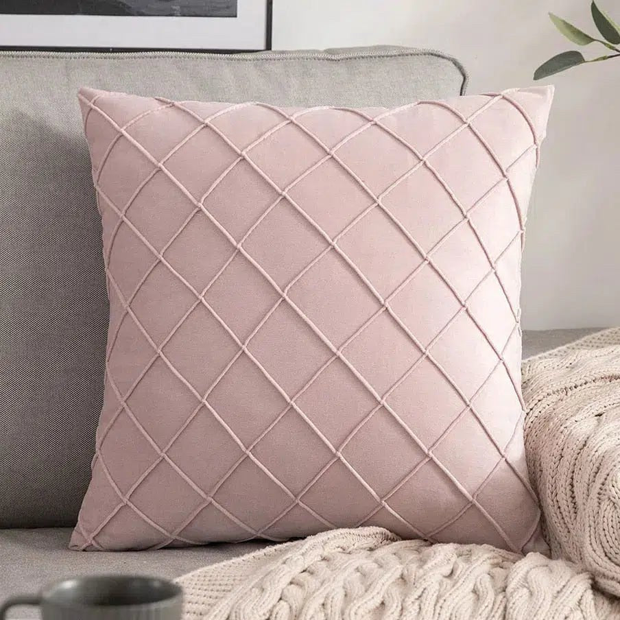 Housse de coussin en velours à losanges plissés rose