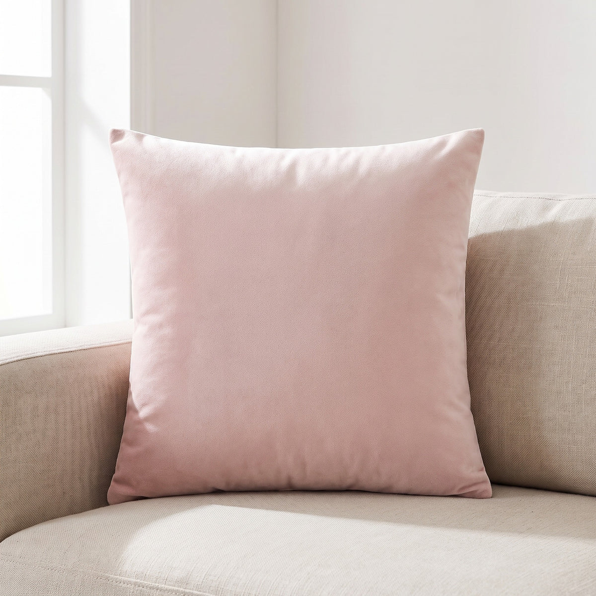 Housse de coussin en velours rose chamallow 45x45 cm posée sur un canapé en lin beige