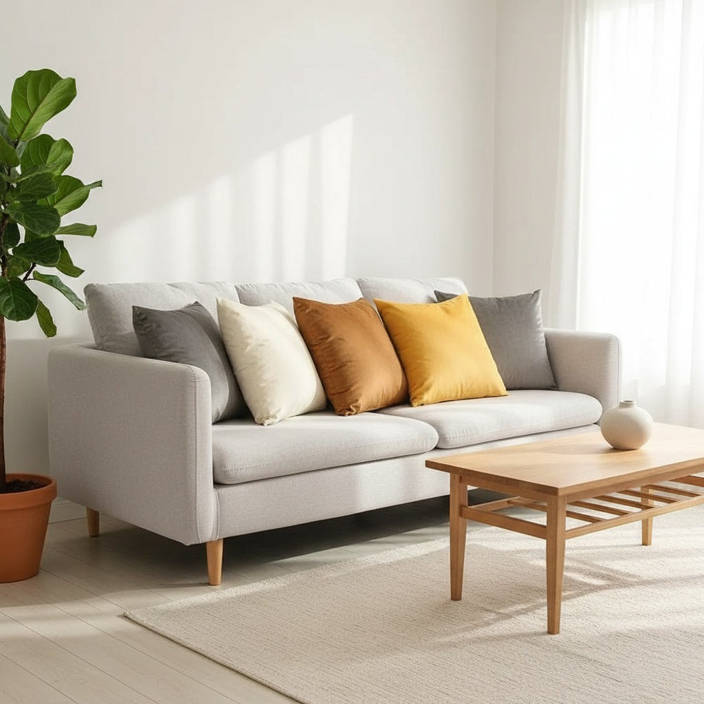 Housses de coussin en velours crème, orange et jaune moutarde sur un canapé gris dans un salon lumineux