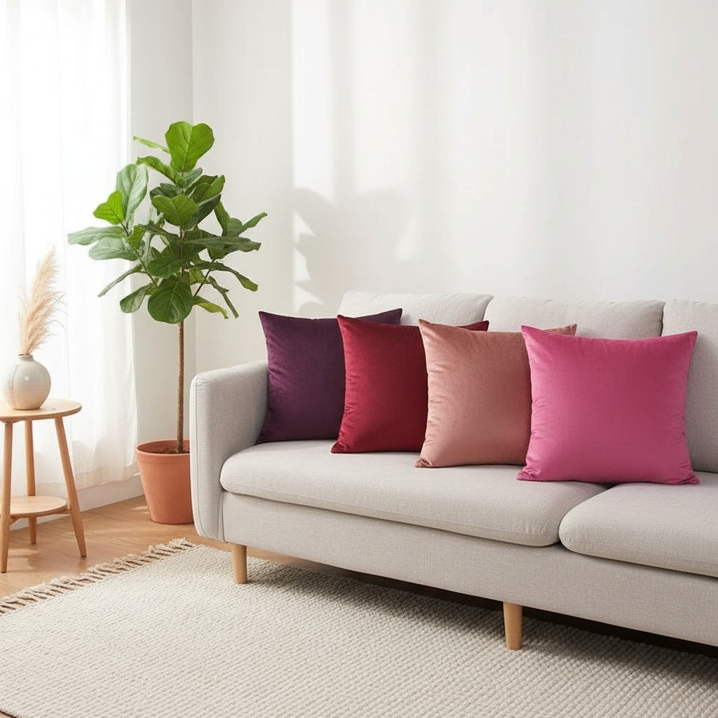 Housses de coussin en velours violet, bordeaux, rose et fuchsia alignées sur un canapé gris clair