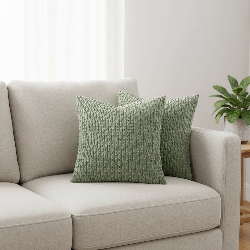 Deux coussins vert sauge en maille texturée en relief sur un canapé blanc