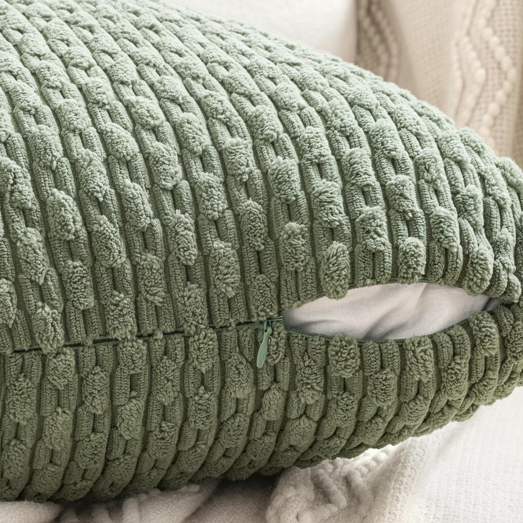 Détail de la maille en relief et de la fermeture d'une housse de coussin vert sauge