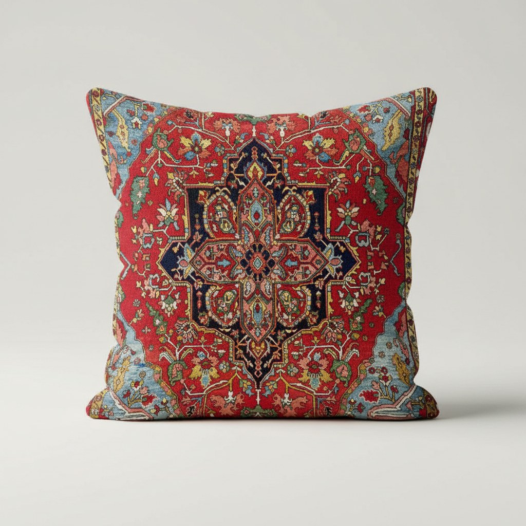 Housse de coussin vintage 45 x 45 cm au motif de tapis persan rouge et bleu