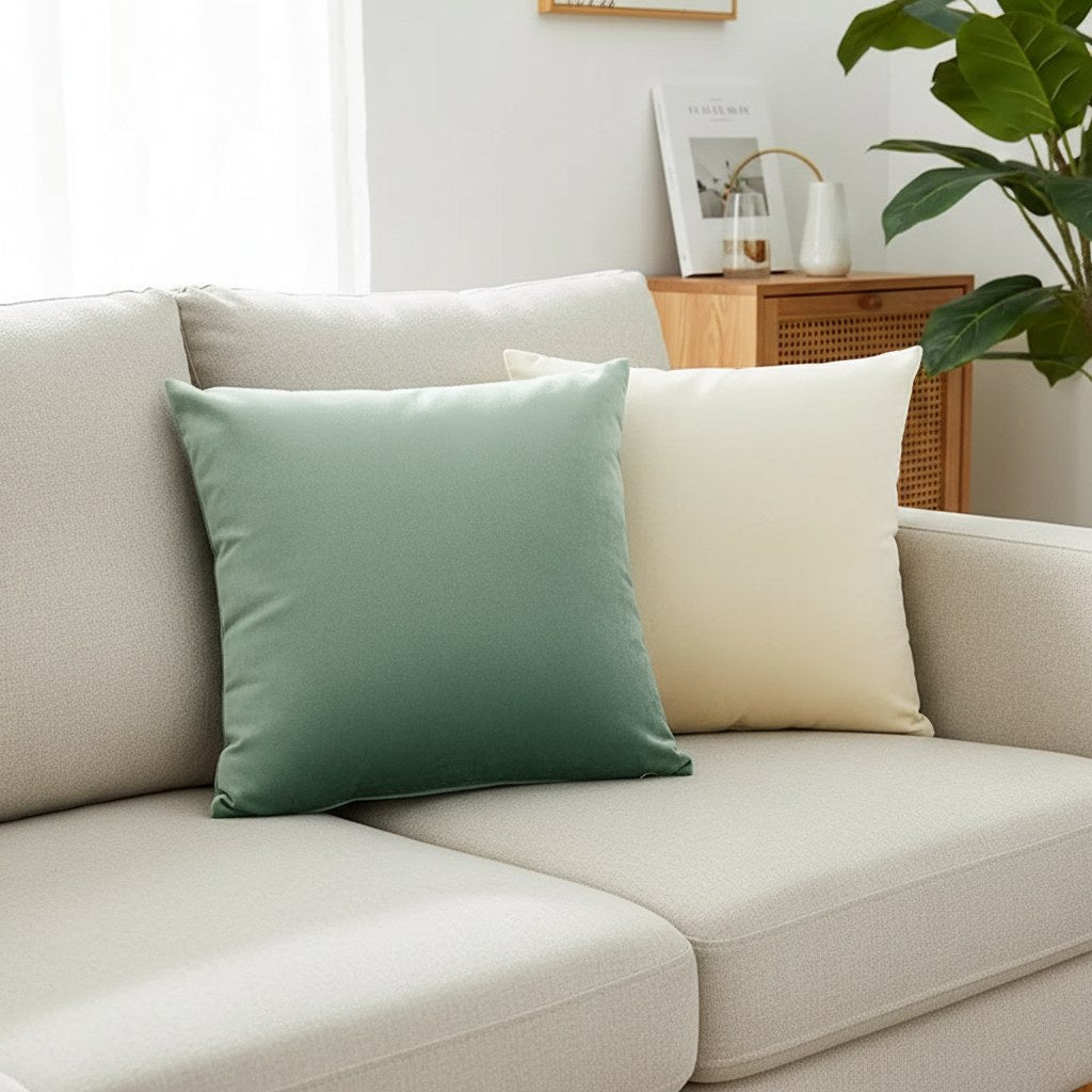 Housses de coussin 40 x 40 cm en velours vert sauge et crème sur un canapé en lin beige