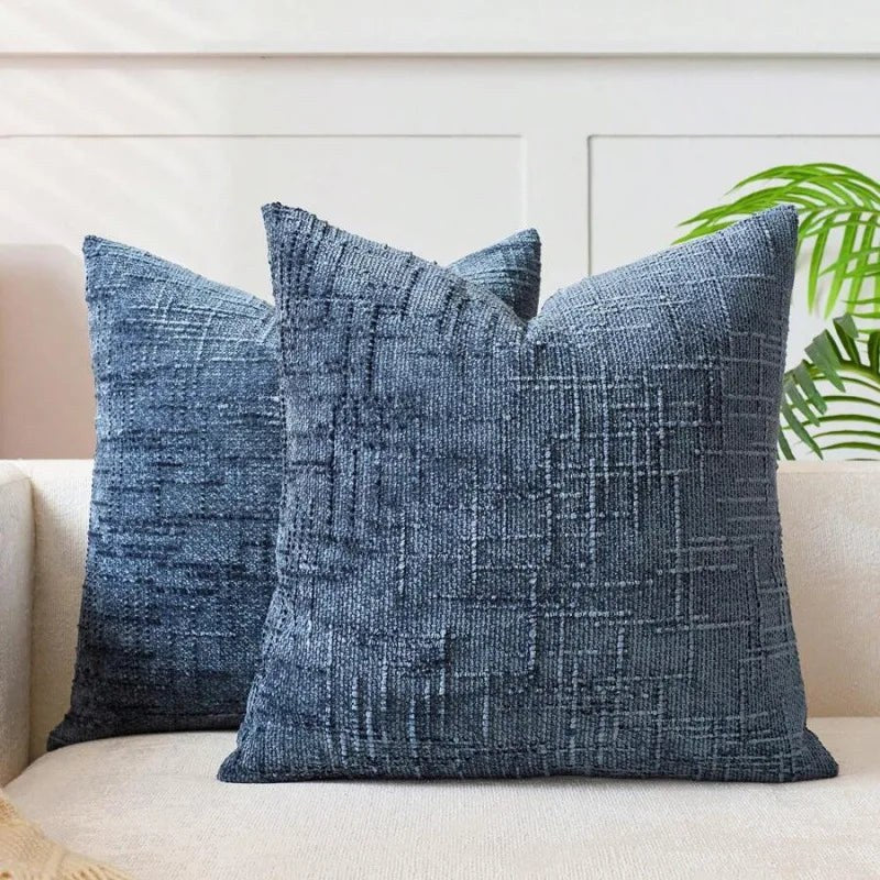 Housse de coussin 50 x 50 cm en chenille texturée bleu jean