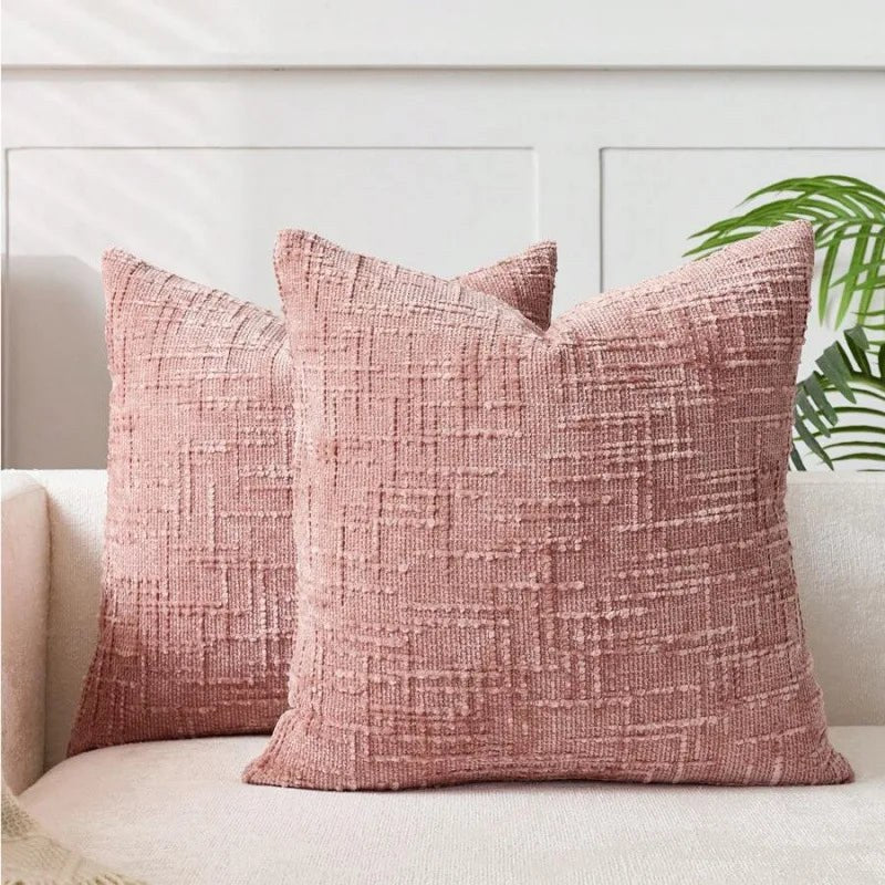 Housse de coussin 50 x 50 cm en chenille texturée rose poudré