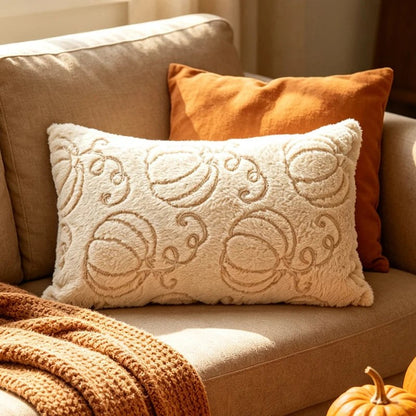 Housse de coussin d'automne en peluche, modèle citrouilles crème, 30 x 50 cm