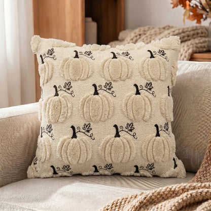 Housse de coussin d'automne en peluche, modèle citrouilles crème et noir
